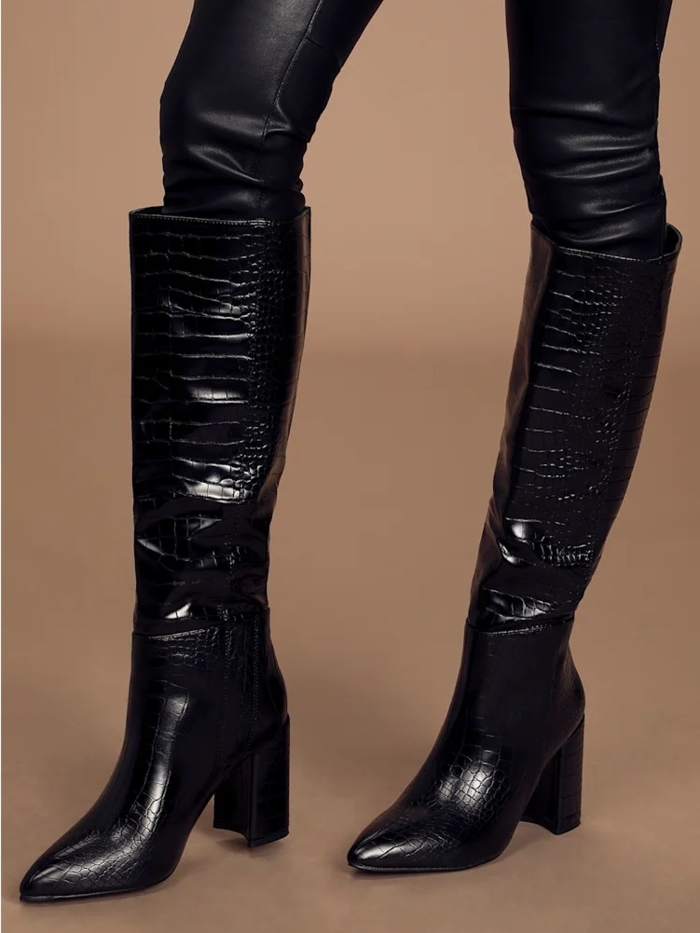 LULU’s Black Croc Printed Knee High Boots